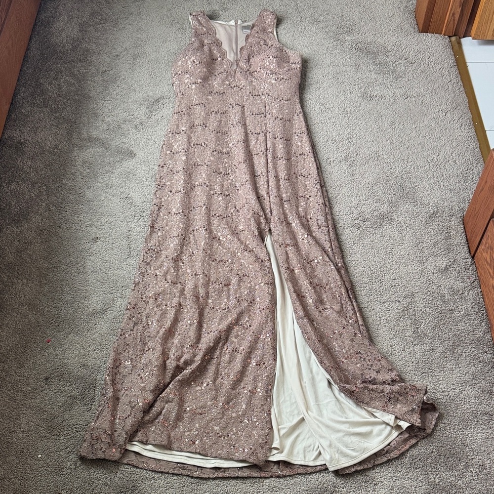 Nightway Taupe Sequin Lace Gown Sleeveless Formal Evening Maxi Dress SIZE 14